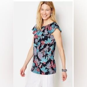 J. Jill Love Linen Sarasa Womens Ruffled Tropical Floral Print Top Blue‎ Size Lg